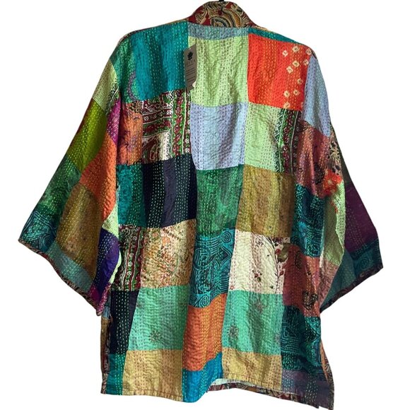 Sevya OS Handmade Kantha Patchwork Kimono Jacket Silk Boho Relaxed - Picture 2 of 12